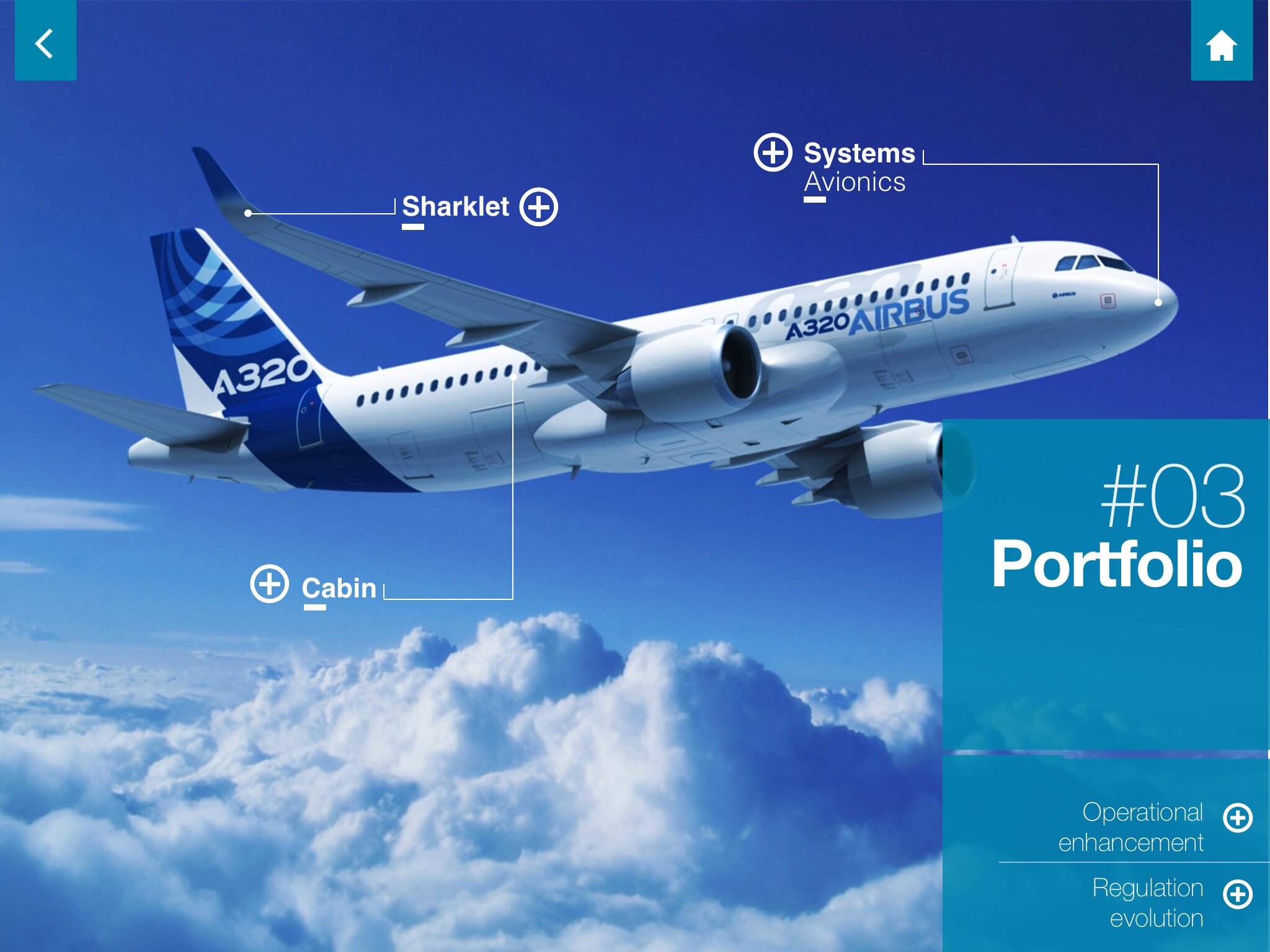 Catalogue numérique A320 affiché sur iPad — vue portfolio avec hotspots Sharklet, Systems et Cabin