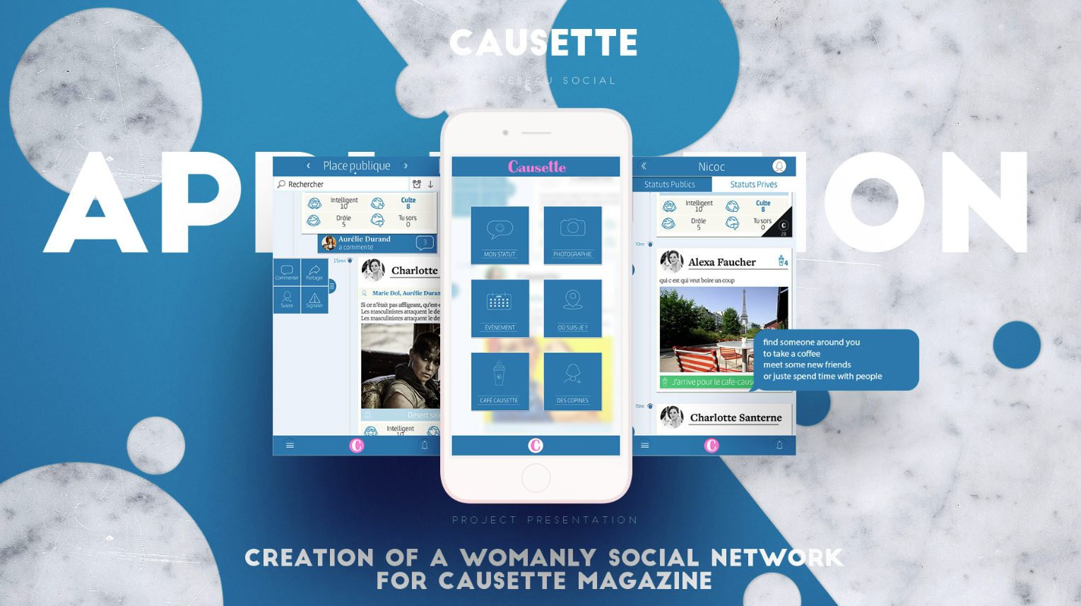 Application Causette — écrans mobiles du réseau social